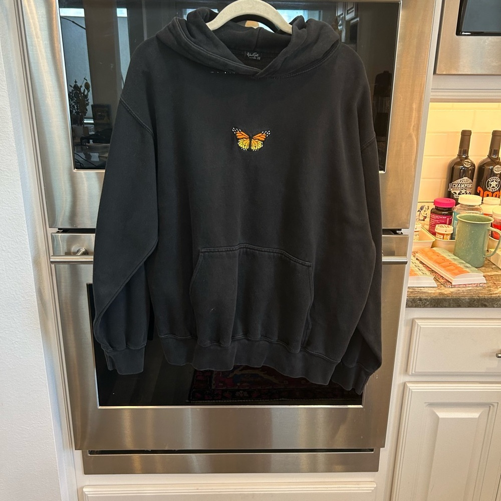 John Galt Black Hoodie with Butterfly missing drawstring has wear